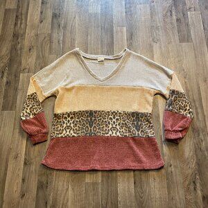 Lovely Melody Knit Sweater Colorblock V-Neck Size Small Animal Print